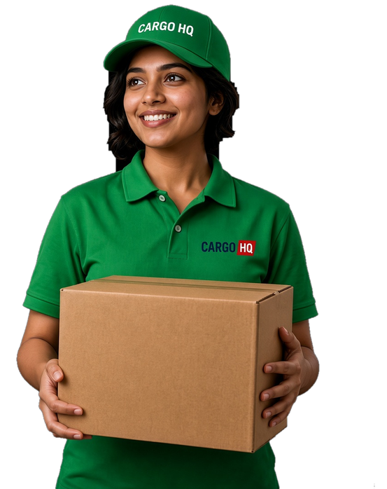 Cargo HQ fulfillment expert holding shipment box in modern warehouse